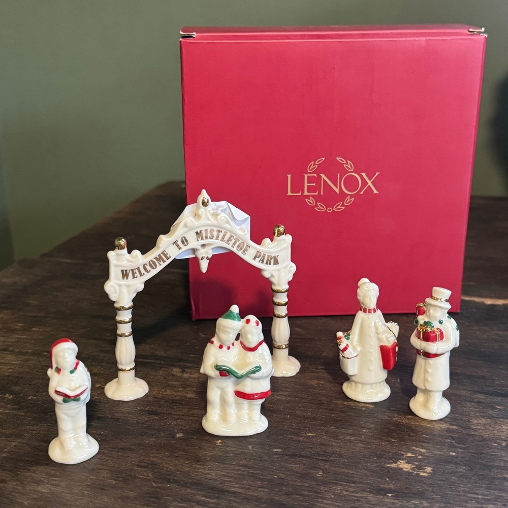 Lenox Mistletoe Park Town Sign with Figurines Five Piece Set
